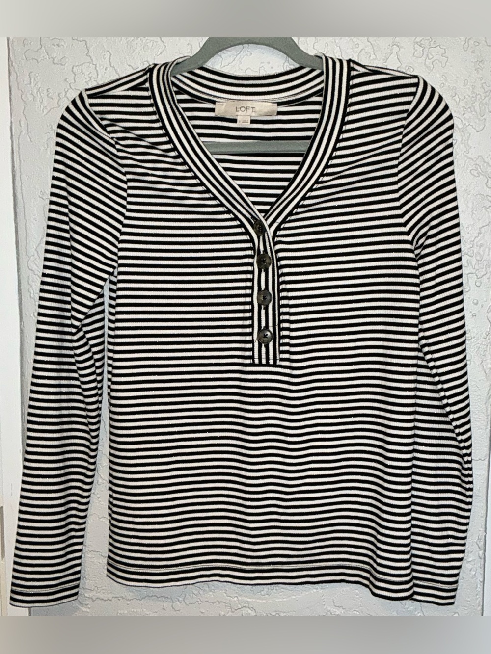 LOFT Black & White Striped Long Sleeve Henley Top with Button Placket